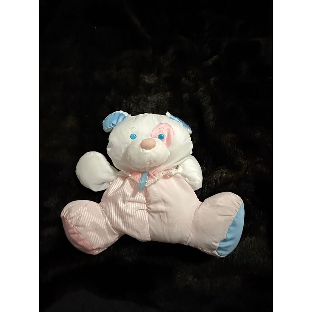 Rare HTF Vintage Fisher Price Puffalump Rattle Blue Pink Puppy Bear Plush Toy